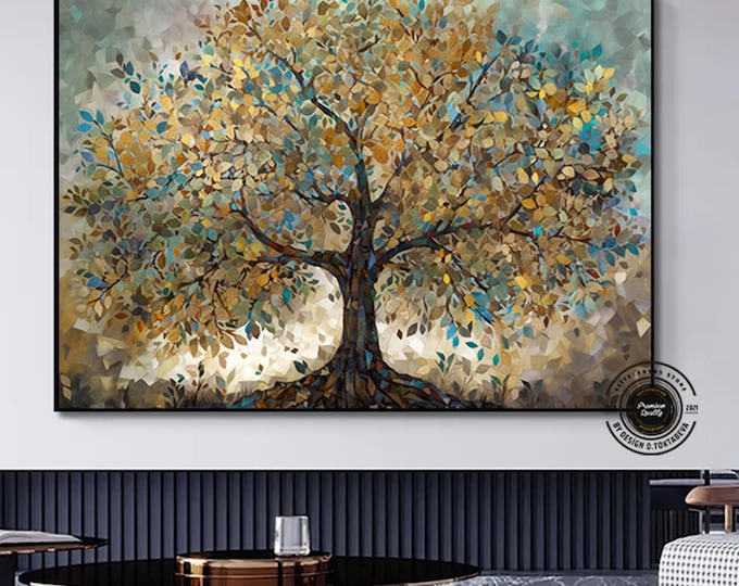 Blue and Gold Leafed Tree Painting, Luxurious Botanical Wall Art, Elegant Canvas Decor for Home, Unique Housewarming Gift