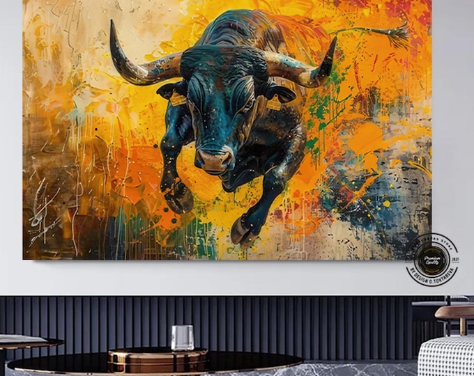 Bull canvas painting,Colorful bull,Bull painting art,Bull wall decor,Highland cow,Bull Abstract Canvas,Animal Painting,Big bull art