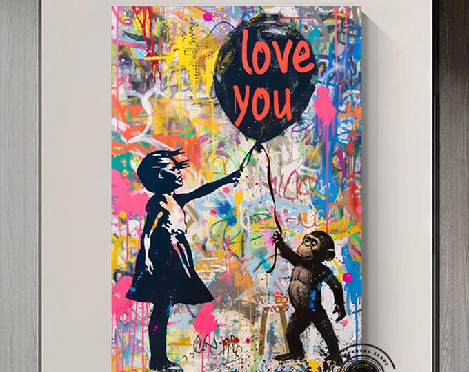 Ballon Girl and Monkey Pop Art Canvas , Banksy Art, Ballon Girl Graffiti, Street Graffiti Wall Art, Banksy Ballon Girl and monkey print
