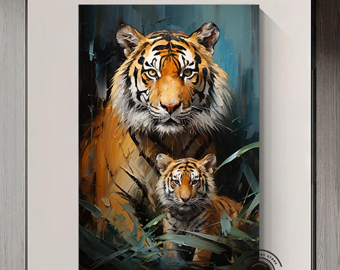 Tiger and Cub Canvas Wall Art, Colorful Vivid Oil Painting Style, Bengal Big Cat Portrait Wildlife Art Print for Home and Office Decor