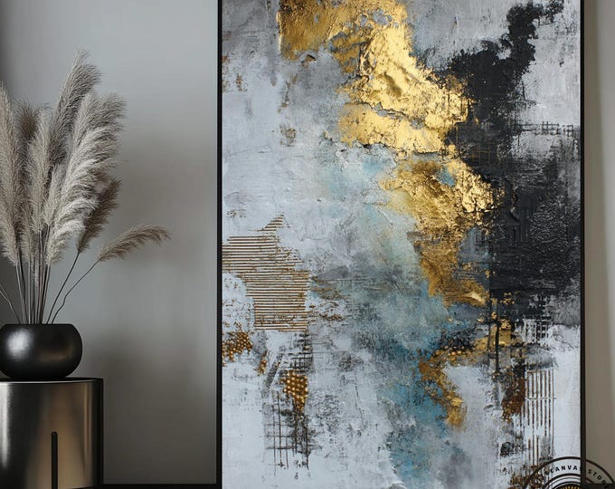 Gold & Blue Abstract Canvas Painting – Modern Metallic Wall Art