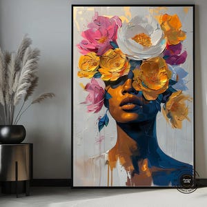 Schwarze Frau Kopf Blumen Wandkunst, afroamerikanische Kunst, schwarze Kunst, schwarzes Mädchen Druck, Frau Kunst Dekor, Schönheit schwarze Frau