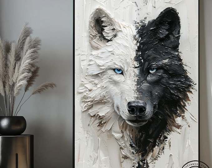 Black and white wolf with blue eyes on canvas Wall art, Animal Print Wildlife Art Wolf Wall Art
