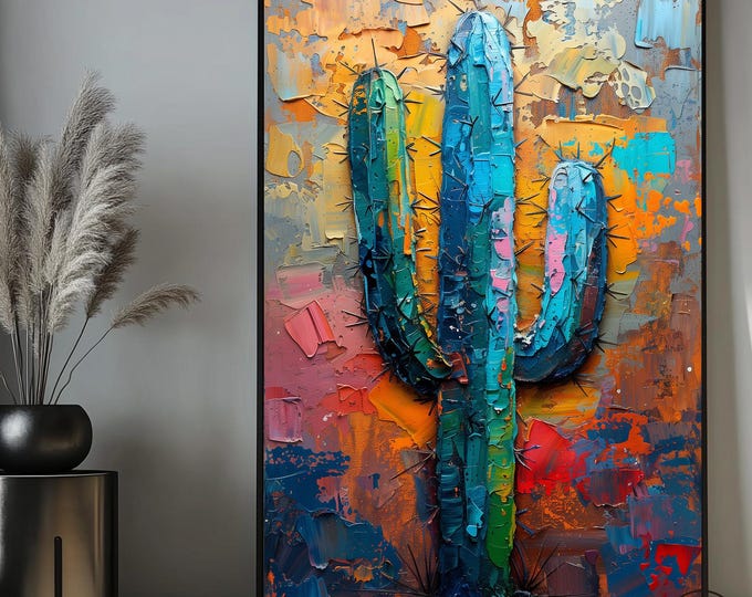 Cactus Framed Canvas, Cactus Wall Art, Cactus Art, Cactus Print, Saguaro Print, Desert Wall Art, Colorful  Wall Art, Minimalist Art,