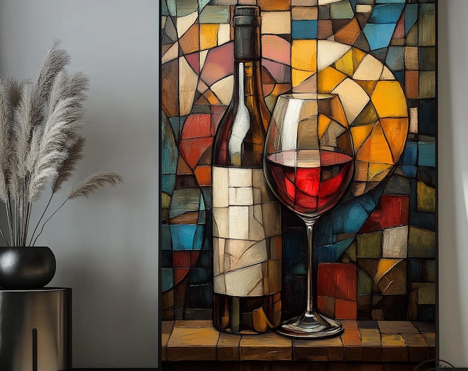Cubist Wine Art Canvas Print: Red Wine, Bottle & Glass
