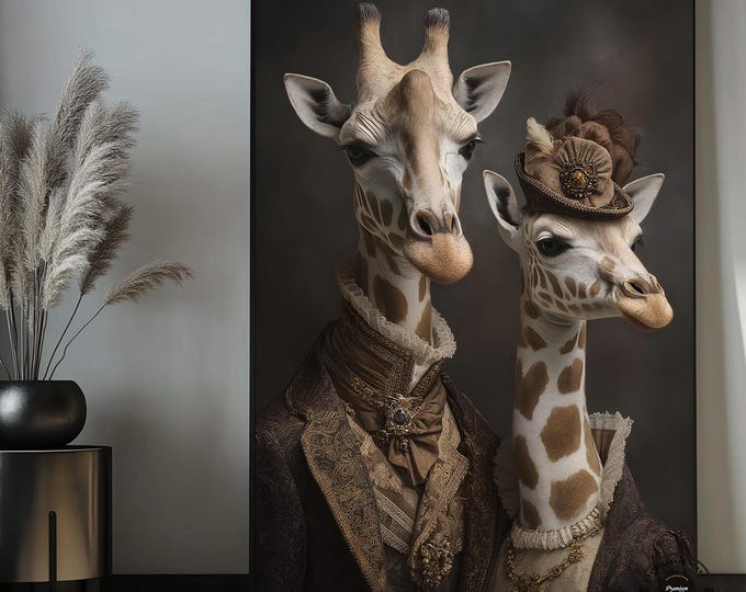 Aristocratic Giraffe Couple, Poster Canvas, Funny Animal Wall Art, Royal Giraffe Portrait, Funny Couples Gift, King Queen, Renaissance Humor