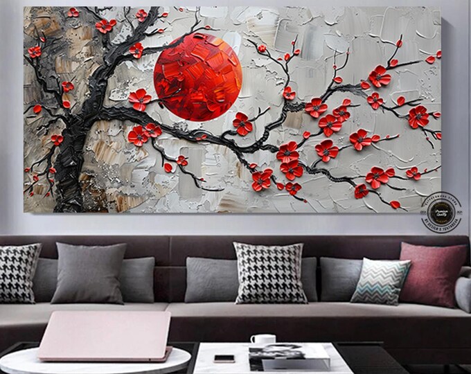 Red Flowers Canvas Art, Sakura Blossoms Wall Decor, Print on Canvas, Living Room Decor, Asian Japanese Wall Art, Wall Hanging, Nature Art