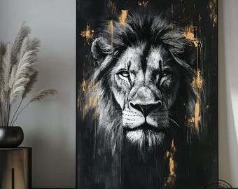 Lion King Canvas Art: Black Gold Abstract Painting, Ready to Hang