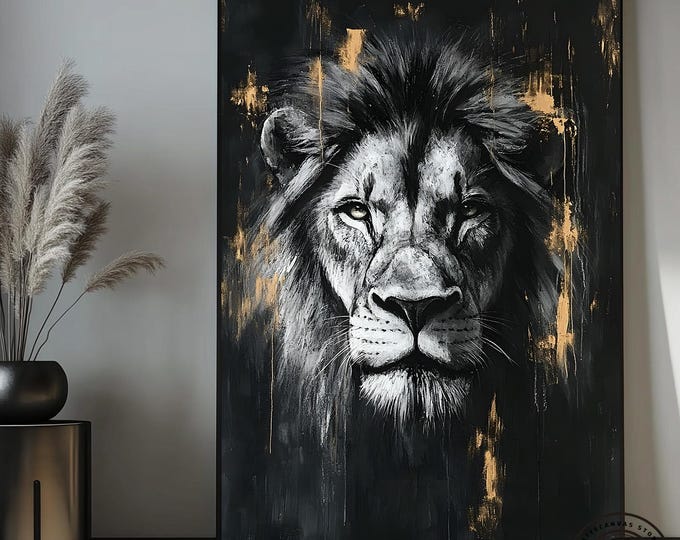 Lion King Canvas Art: Black Gold Abstract Painting, Ready to Hang