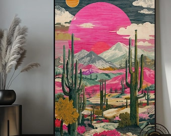 Arizona Desert Canvas Print: Japanese Style, Pink Sun, Cacti & Mountains