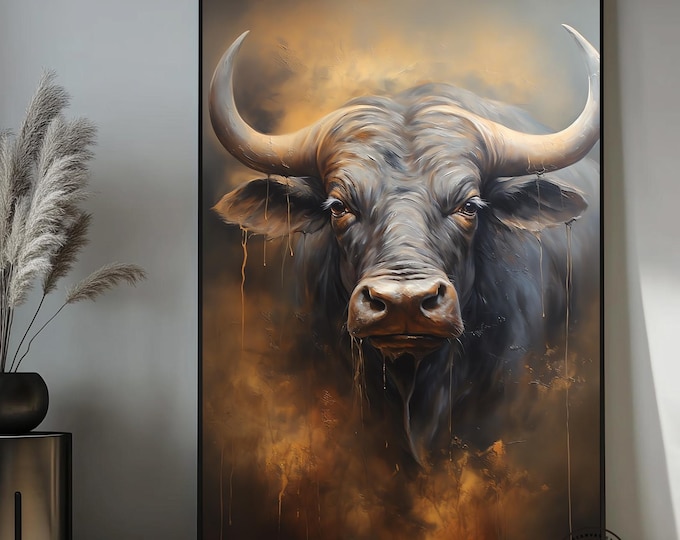 Bull canvas painting Colorful bull,Bull painting art,Bull wall decor,Highland cow,Bull Abstract Canvas,Animal Painting,Big bull art