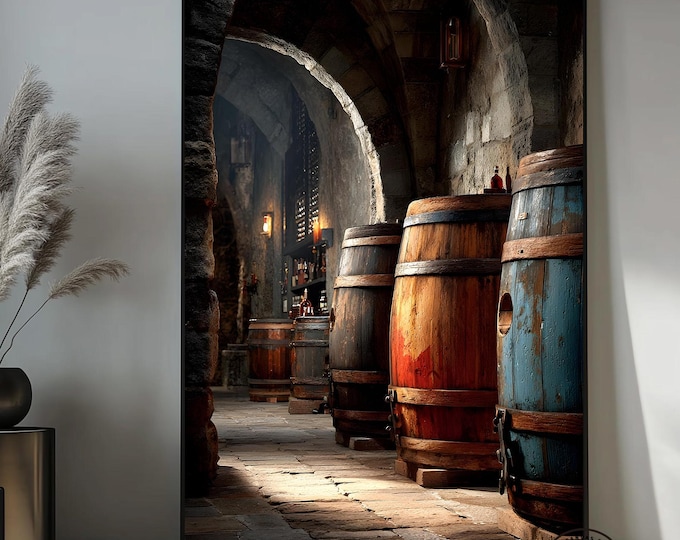 Rustic Wine Cellar Glass Wall Art, Vintage Barrel Wall Decor, Winery Kitchen Artwork