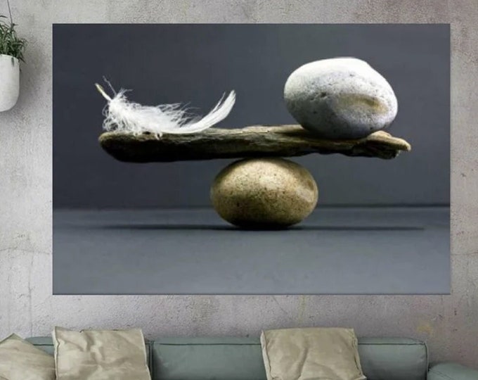 Feather and Stone Wall Art, Balance Abstract Art, Balance wall art, Zen Inspired Balance Wall Decor, Meditation Canvas Print, Feather canvas