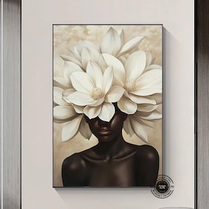 Schwarze Frau Kopf Blumen Wandkunst, afroamerikanische Kunst, schwarze Kunst, schwarzes Mädchen Druck, Frau Kunst Dekor, Schönheit schwarze Frau