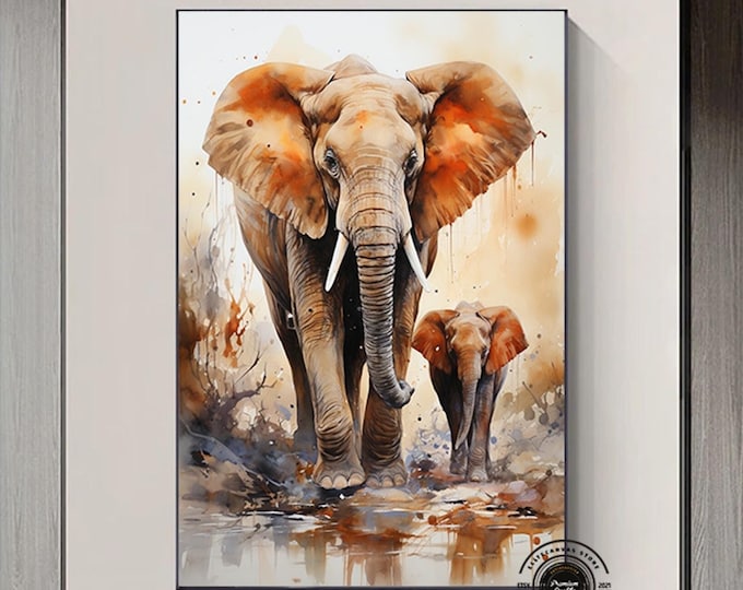 Mother and Baby elephant print , Walking Elephant canvas wall art , Elephant canvas painting ,animal kingdom , ready to hang canvas print