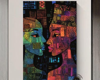 African wall Symbols, African culture home decor,Abstract artwork of African man and woman in vibrant colors and geometric patterns