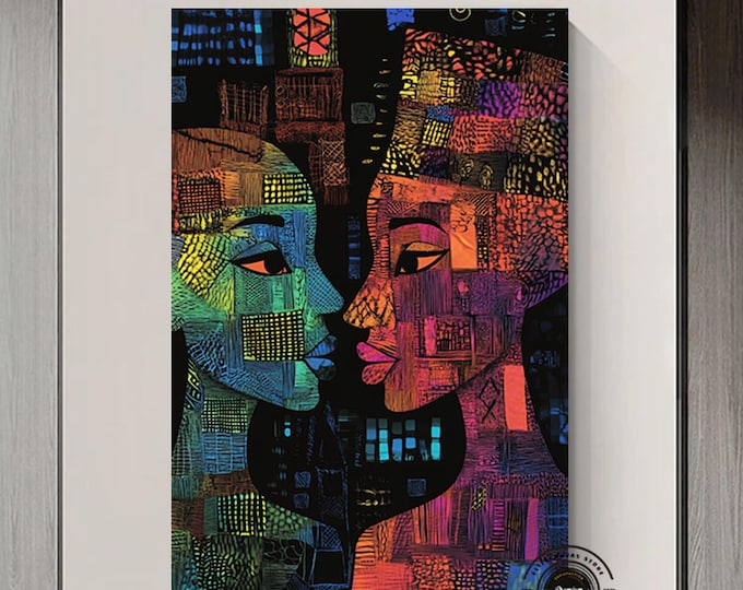African wall Symbols, African culture home decor,Abstract artwork of African man and woman in vibrant colors and geometric patterns