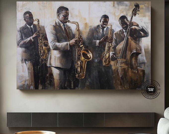 Africa Jazz Musicians Canvas – Elegant Saxophone Band Painting – Modern Music Wall Art