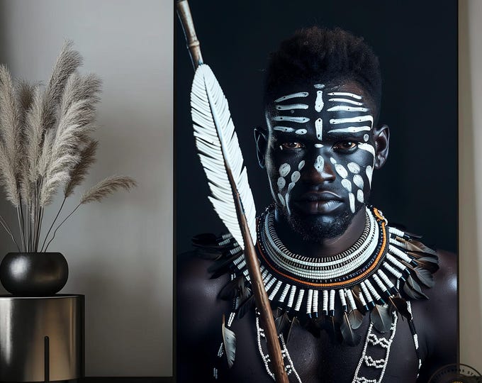 Canvas wall art of an African American black man dressed in black and white, holding a spear and shield. African Tribal Man Ethnic Decor