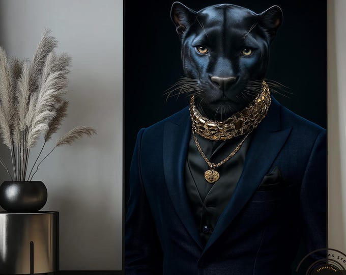 Black Panther canvas wall art, wearing a dark blue suit, gold necklaces and a gold neckerchief.