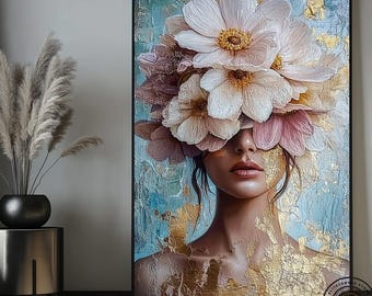 Floral Woman Canvas Painting: Roses Art Print, Ready to Hang