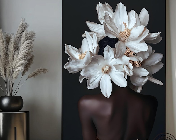 Black woman head flowers wall art, African American art, Black art, Black girl print, Woman Art Decor, beauty black woman