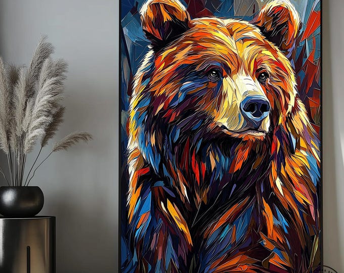 Abstract Bear Art, Canvas or Poster Wall Art ,Animal Wall Decor, Colorful bear wall art, Modern living room wall decor, Bedroom large decor