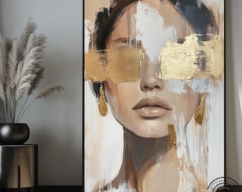 Mysterious Gold Eye Mask Art, Chic Abstract Canvas, Ready to Hang Modern Art