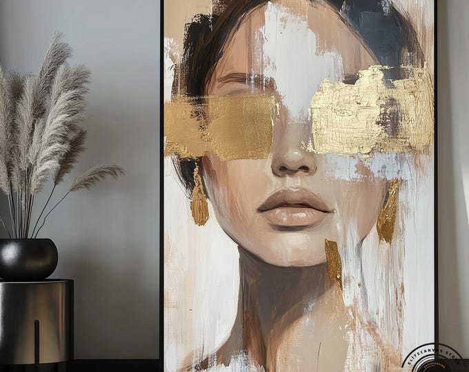 Mysterious Gold Eye Mask Art, Chic Abstract Canvas, Ready to Hang Modern Art