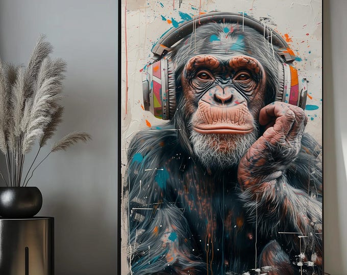 DJ Monkey Framed Poster, DJ Monkey, Monkey Wall Art, Banksy Monkey, Monkey Print, Graffiti Wall Art, Headphone Art, Music Wall Art, Monkey