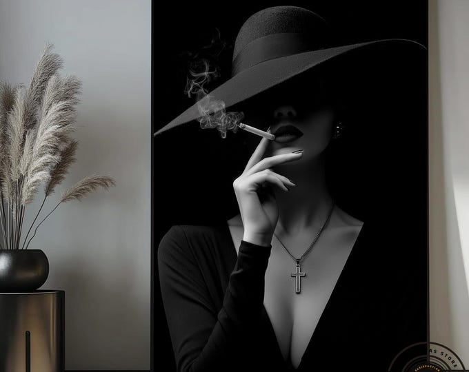 Woman Smoking Fashion Art Framed Canvas, Black And White Art, Woman Prints, Woman Wall Art, Feminine Wall Art, Stylish Wall Art, Wall Art
