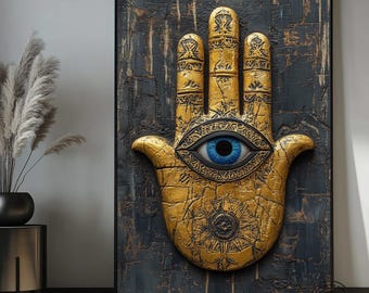 Hamsa Evil Eye Framed Canvas Art – Black and Gold, Luxury Decor