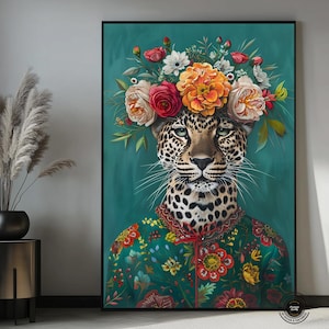 Leopard Portrait Print, Eclectic Leopard Poster, Colorful Flowery Leopard canvas Print, Animal Head Human Body Wall Art, Leopard Lover Gift