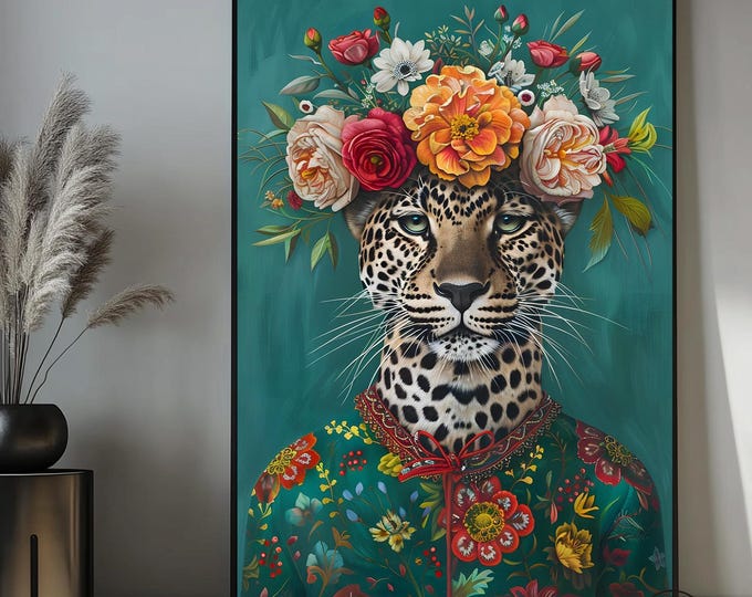 Leopard Portrait Print, Eclectic Leopard Poster, Colorful Flowery Leopard canvas Print, Animal Head Human Body Wall Art, Leopard Lover Gift