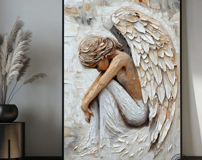 Abstract art, small angel with big wings canvas wall art.Peaceful Angel Art, Holy Guardian Angel art