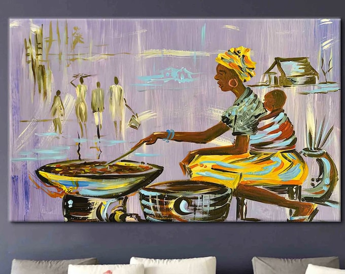 African Mother Cooking, Ethnic Wall Art, African Wall Art, Nigerian Wall Art, Ethnic Canvas Decor, Living Room Wall Art, African Canvas Art,