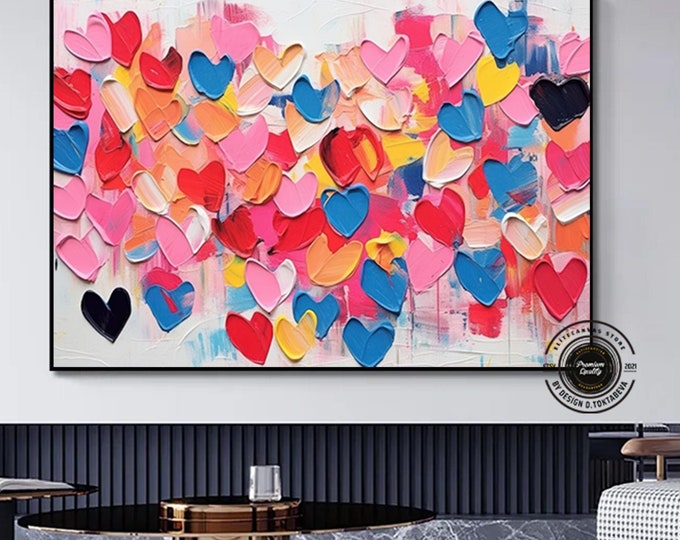Romantic Heart Canvas Art - Colorful Abstract Painting with Pink and Red Hearts, Perfect Valentine's Day or Anniversary Wall Decor