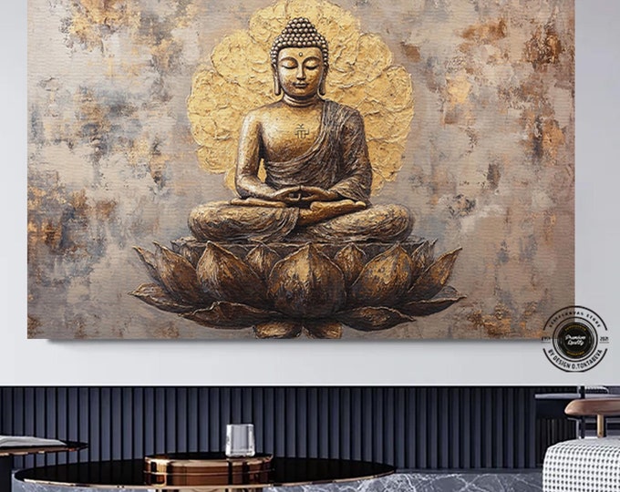 Zen Buddha Canvas Wall Art, Zen Art Print, Buddhist Wall Art, Gold Buddha Prints, Zen Canvas Wall Art, Buddhist Gift, Over The Bed Art