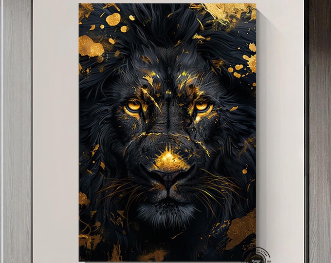 The Lion King Wall Art, Lion Black Gold Abstract Painting Extra Large Canvas Painting, Game Room,Canvas Wall Decor Ready to Hang