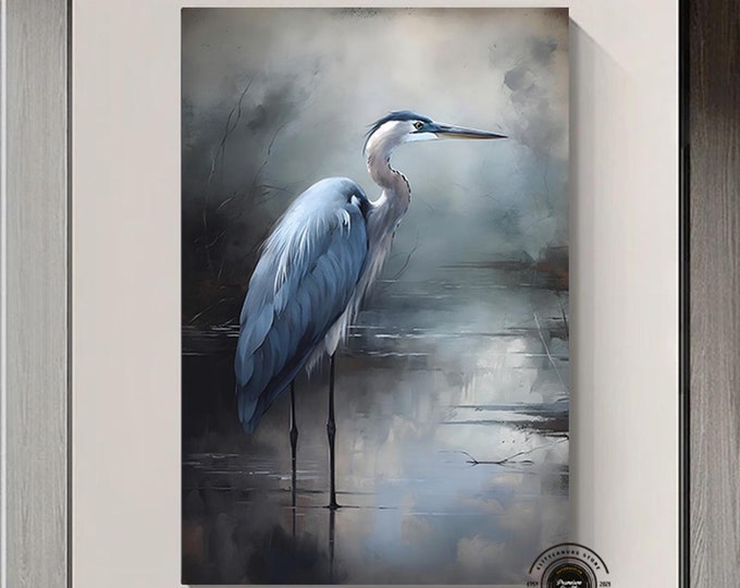 Blue Heron Wall Art, Abstract Heron Paintings Canvas PRINTS Shorebirds Wall Art Framed Ready to Hang