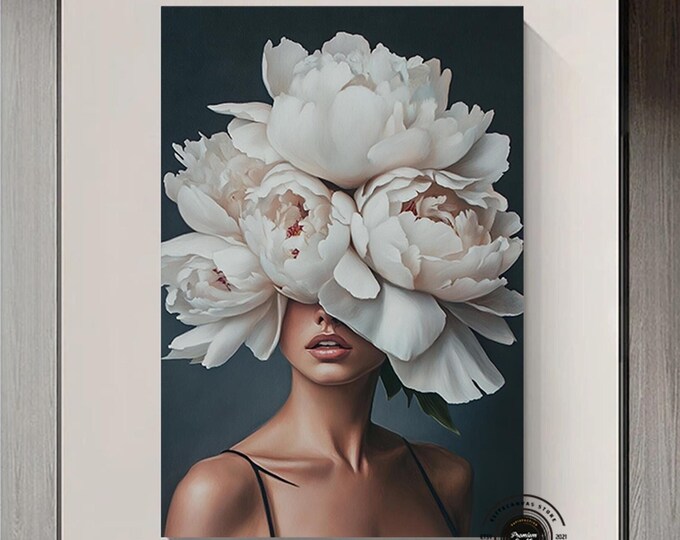 Woman with flower head canvas painting, roses and woman print, flower woman art, flowers and woman canvas wall art
