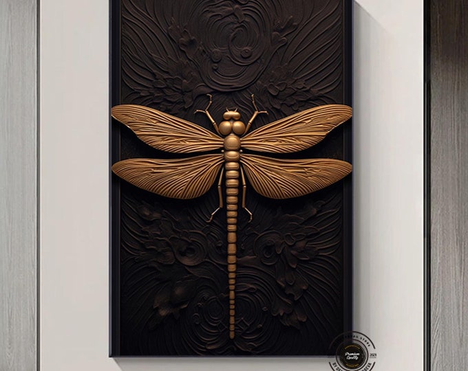 Black Gold Dragonfly Illustration canvas wall art,Modern Living Room Wall Decor Framed Ready to Hang