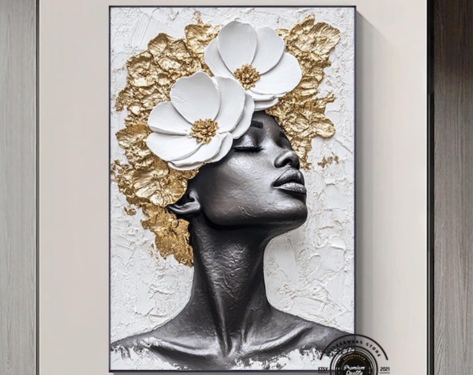 Black woman head flowers wall art, African American art, Black art, Black girl print, Woman Art Decor, beauty black woman
