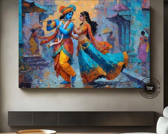 Radha Krishna Impasto Canvas Art, Hindu Mythology Painting, Modern Indian Wall Decor