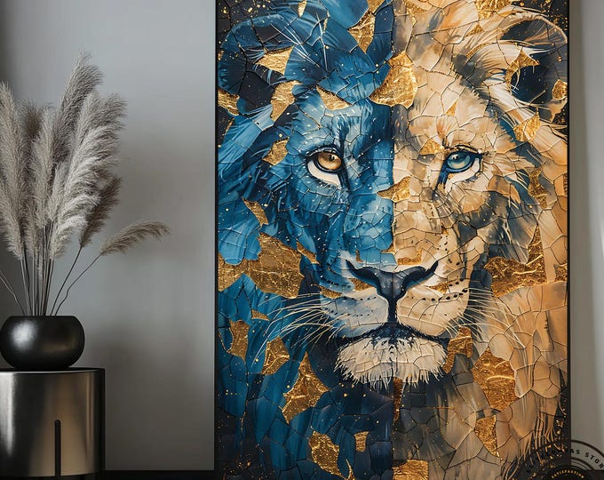 Majestic Lion Canvas Art: Abstract Blue & Gold Wildlife Portrait