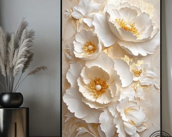 3D White Floral Canvas Painting: Gold Accent Botanical Wall Art