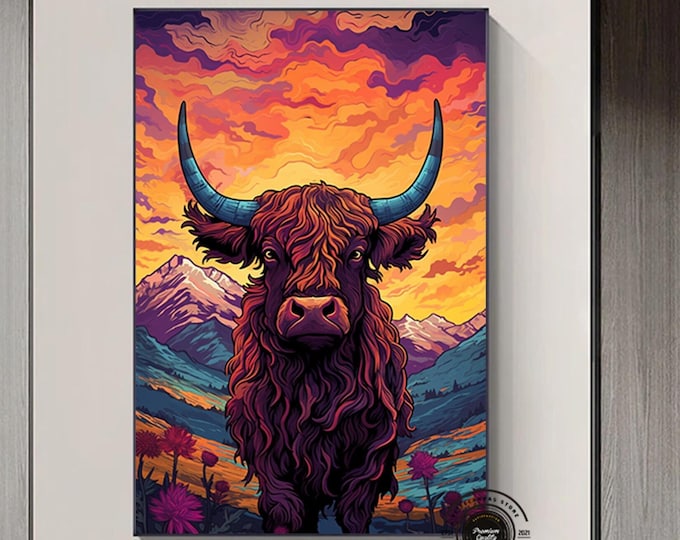 Farm House Cattle Ranch Decor Canvas Wall Art, Cow Canvas Print Wall Art, Portrait, Cattle Steer Art, Highland Cow Farm Art