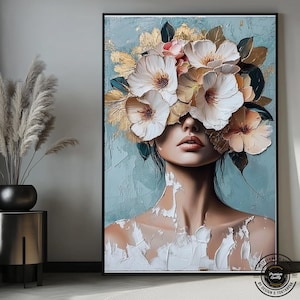 Woman with flower head canvas painting, roses and woman print, flower woman art, flowers and woman canvas wall art