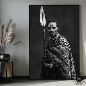 African American Warrior Canvas Art: Handmade Spear & Shield Wall Decor