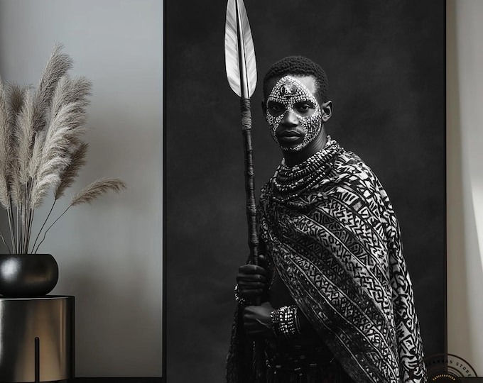 African American Warrior Canvas Art: Handmade Spear & Shield Wall Decor
